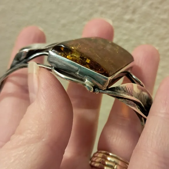 Vintage Sterling Silver Natural Amber Artisan Cuff with Leaf Motif